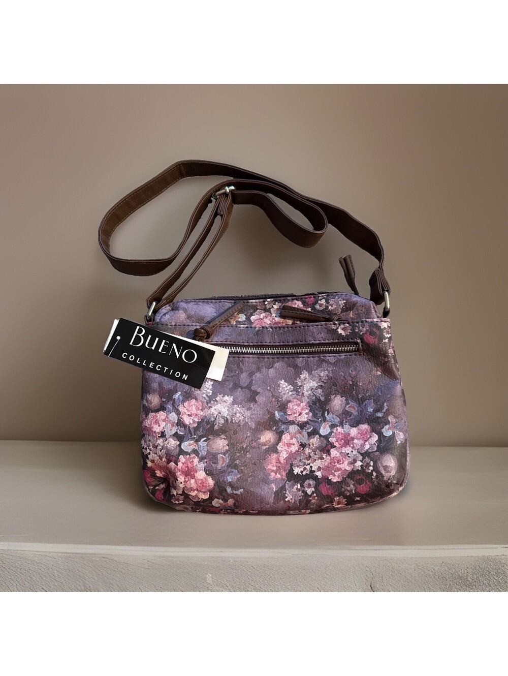 BUENO Collection Floral Crossbody Bag Brown Pink Watercolor Floral Purse NWT